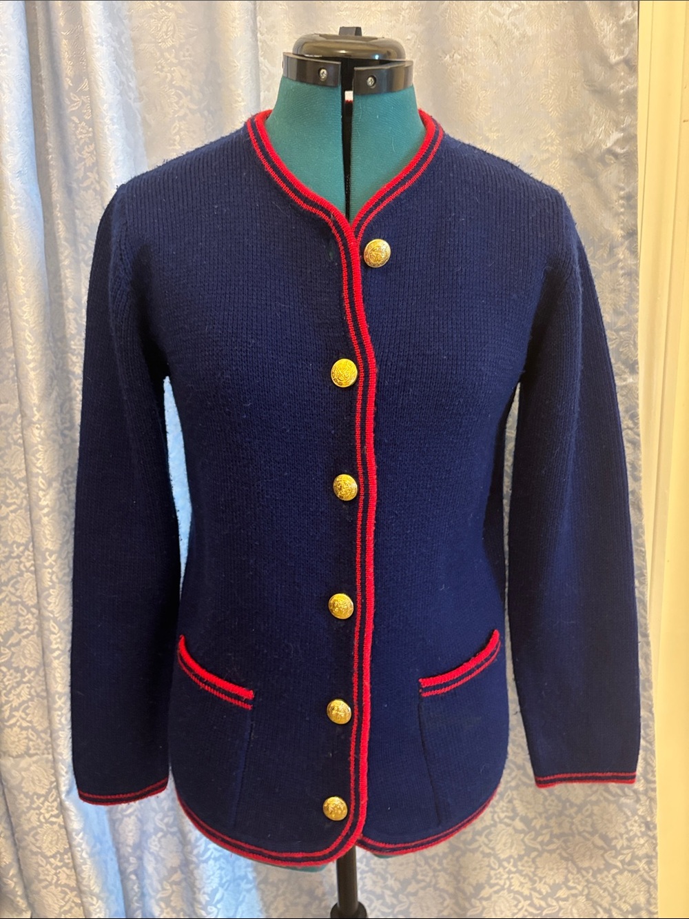 Vintage Navy Cardigan with Red Trim and Gold Buttons